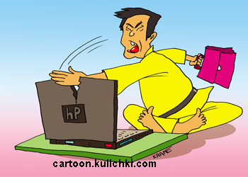 Карикатура о ноутбуках фирмы HP. Китайские чиновники ломают ноутбуки HP ударом ладони пополам.