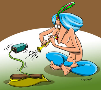 Карикатура о видеонаблюдении. Индийский йог с дудочкой, из мешка вместо змеи поднимается видеокамера на шнуре.