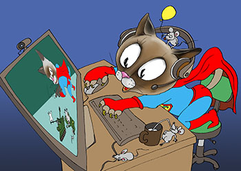 Карикатура о геймере. Кот играет на компьютере в стрелялку. Кот не ловит мышей. Мыши хозяйничают и наглеют. Игроман не замечает что мыши пьют его молоко