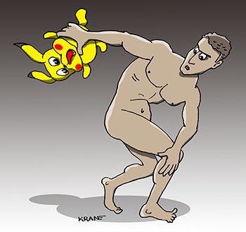 Карикатура о Pocemon Go. Греческий атлет метатель диска с покемоном. Покемон Го на олимпийских играх с допингом.