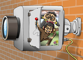 Карикатура о видеонаблюдении. Китайские камеры видео наблюдения имеют дверки через которые китайцы вас подслушивают и за вами подсматривают.
