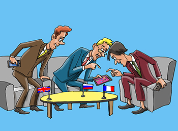 Карикатура про новые технологии. Молодые специалисты из Англии, России и Франции обсуждают новые технологии