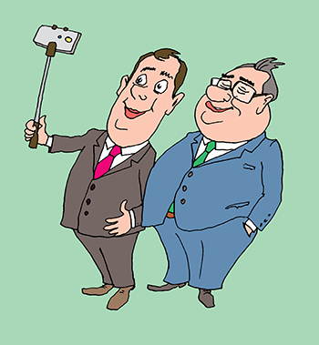 Карикатура про сэлфи. Два чиновника делают сэлфи со смартфона на фоне