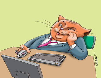 Карикатура про работу за компьютером. Ленивый кот на работе шевелит мышкой