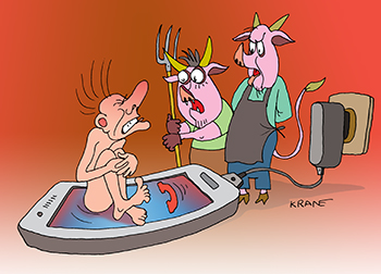Карикатура про излучение от сотового телефона. Черти в Аду жарят грешника не на сковородке, а на сотовом телефоне.