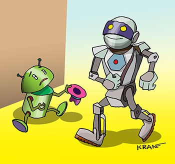 Карикатура про роботов. Робот не может найти работу и просит милостыню.
