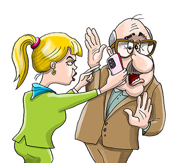 Карикатура про консультанта у терминала с куэр кодом. Девушка консультант со смартфоном порхает по залу.