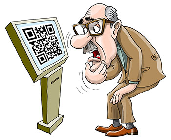Карикатура про куэр код и пенсионера. Куэ-код для получения талона поставил в тупик пенсионера. Чтобы повести свой смартфон на QR код надо иметь смартфон.