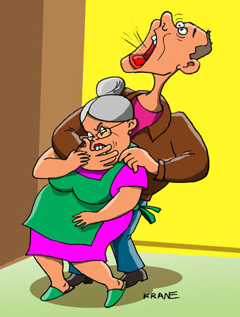 Карикатура о нападении на старушку. Грабитель проник в квартиру пенсионерки. Женщина укусила насильника за палец.
