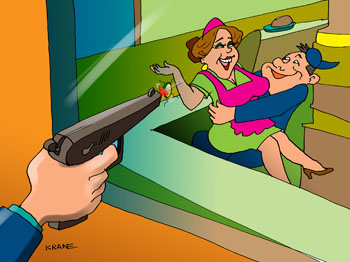 Карикатура о ревности. Муж застрелил свою жену из пистолета. Продавщица изменяла мужу с грузчиком из магазина. Сидела на коленях у мужика, когда муж стрелял в неверную жену. 