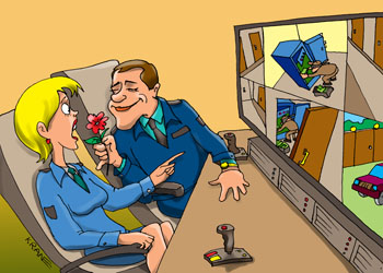 Карикатура о романтических отношениях на работе. Операторы двое сидят за мониторами. Мужик повернулся в улыбке к девушке с ухаживаниями, подает цветочек, а на его мониторе вор. Девушка в ужасе указывает на монитор с вором. 