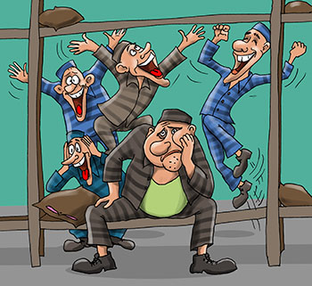Карикатура об амнистии. Уголовники радуются будующей амнистии. Старый ЗЭК на нарах грустит. 