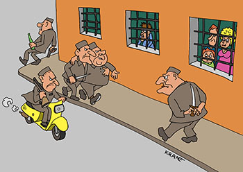 Карикатура о законе. Воры должны сидеть в тюрьме. Всем честным людям нужно прятаться от преступности в тюрьмах. Воры и бандиты свободно гуляют по улицам.