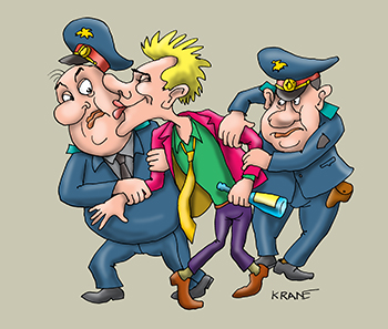 Карикатура про гея. Голубого гея арестовали полицейские. Пьяница лезет целоваться с полицейскими.