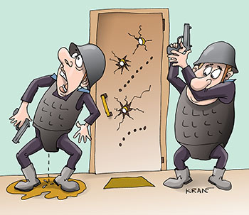 Карикатура про штурм. Полицейские штурмуют квартиру с вооруженным преступником.