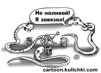 Карикатура про алкоголиков. Три змея пьют на троих червяков, но один завязался узлом.