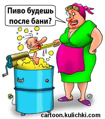 Карикатура про алкоголиков. Жена стирает в стиральной машине своего муженька.