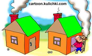 Карикатура про курение. Дымит в трубу как паровоз. Из печной трубы дым валит – значит закурил. 