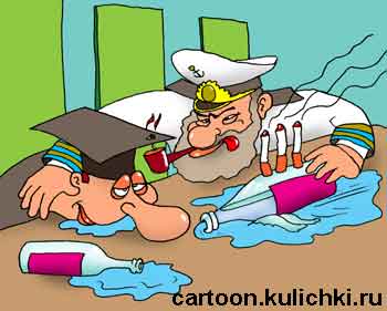 Карикатура про алкоголиков. Капитан судна из бутылки и трех сигарет – Титаник напоил судью, который пойдет на все и даже на дно.