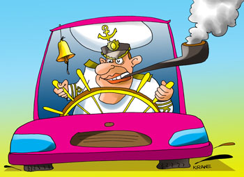Карикатура о курении. Капитан судна за штурвалом своего автомобиля дымит как пароход.