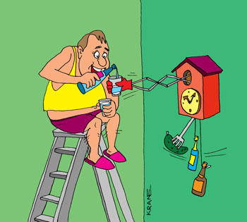 Карикатура о домашнем пьянстве. Мужик залез на стремянку возле часов с кукушкой. Нашел себе собутыльника. Наливает водку в стакан.