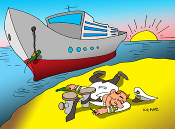 Карикатура о капитане. Капитан пропил свой корабль. Капитан пришвартовал себя галстуком. Корабль сорвался и уплыл в море. 