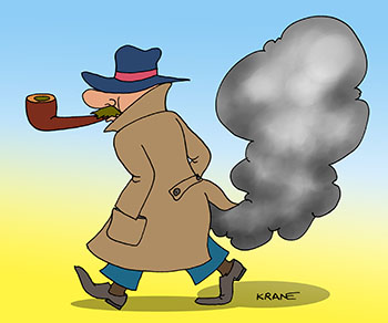 Карикатура про дым. Мужчина в пальто идёт с курительной трубкой. Из трубки дым не идёт, а идёт сзади.
