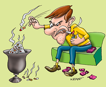 Карикатура про бросить курить. Много раз бросает курить, но продолжает курить одну за другой.