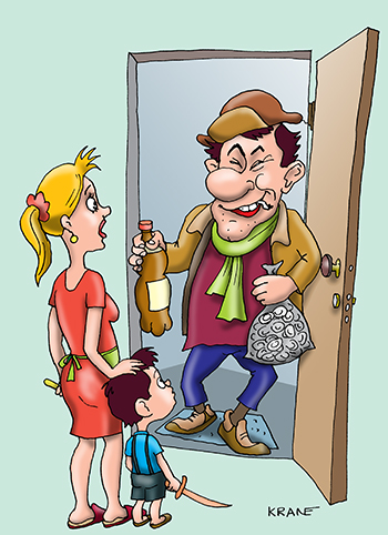 Карикатура про уход из семьи. Отец ушел из дома и вернулся с пивом и пельменями