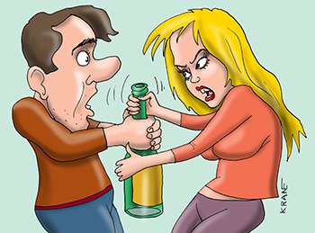 Карикатура про пьянство. Жена отбирает бутылку у мужа.