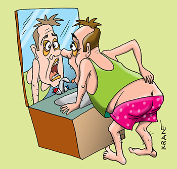 Карикатура про возраст. С утра мужчина смотритна себя в зеркало и видит помятую рожу. Раньше после пьянки лучше выглядел.