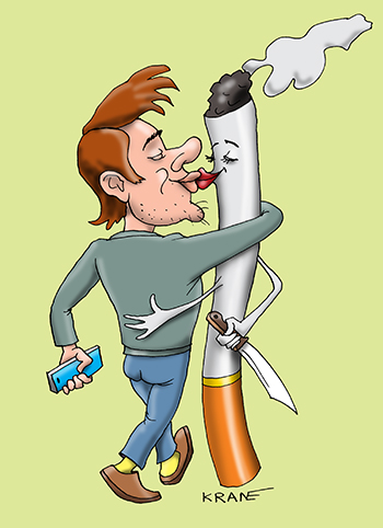 Карикатура про курение. Сигареты убивают не только лошадь, но и человека. Человек любит сигареты.