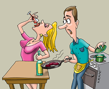 Карикатура про пьющую жену. Муж стоит у плиты. готовит еду. Жена выпивает, бухает, алкашит.
