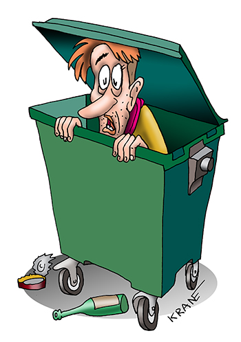 Карикатура про мусорный контейнер. Бичара сидит в мусном ящике.