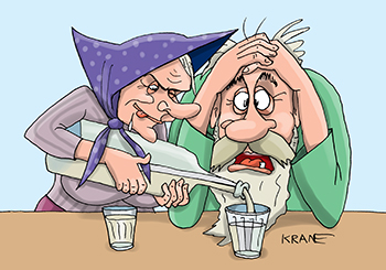 Карикатура про женский алкоголизм. Бабка наливает самогон деду в стакан.