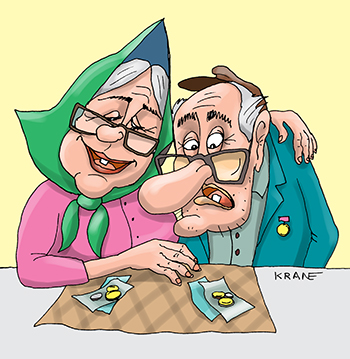 Карикатура про пенсию. Дед и бабка получают пенсию. Две пенсии вместе лучше.