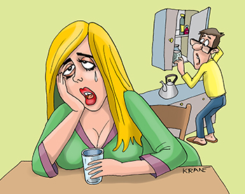 Карикатура про душевную рану. Жена пьет водку. Лечит алкоголем душевную раму.