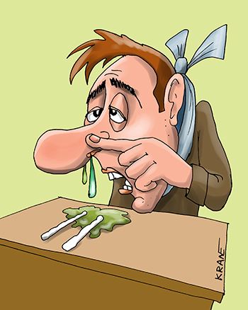 Карикатура про насморк. Наркоман нюхает наркотик. Сопли текут из носа.