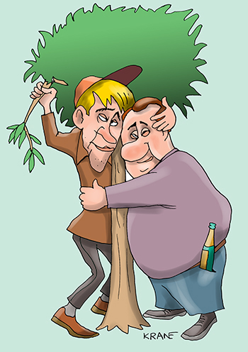 Карикатура про собутыльников. Два друга собутыльника обнимают дерево.