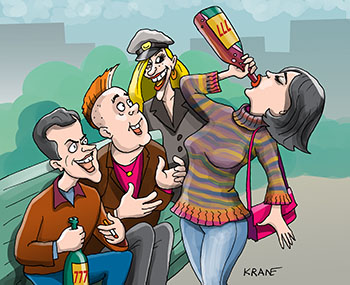 Карикатура про девушку с бутылкой портвейна. Молодежь тусуется, распивает алкогольные напитки в общественном месте, курит и матерится.