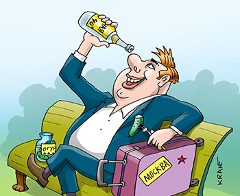 Карикатура про нашего туриста. Турист на скамейке отдыхает с бутылкой водки и чемоданом. Закуска из банки с огурцами.