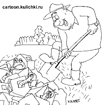 Карикатура о закрытии дачного сезона. Дачник перекапывает огород на зиму. Перекопка разрушает домики насекомых устроившихся на зимовку.  