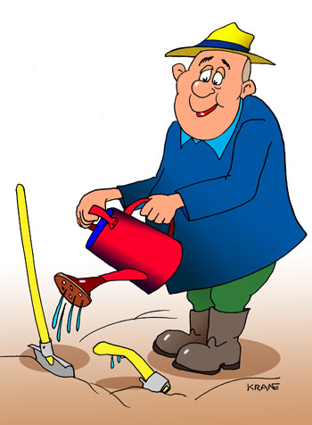 Карикатура про дачника. Дачник поливает воткнутые в землю топор и лопату из лейки.