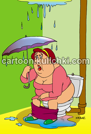 Карикатура об унитазе. Женщина сидит на унитазе с зонтиком. С верху капает. Потолок мокрый, в туалете лужа.