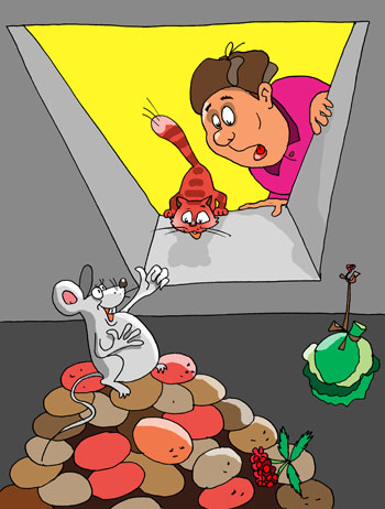 Карикатура о мышке в погребе. Дачник хранит овощи в металическом баке в гараже. В погреб попала мышь и погрызла овощи.