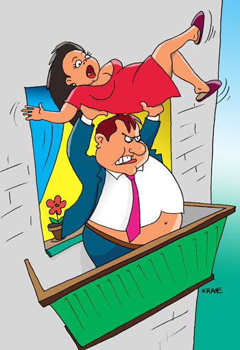 Карикатура о ревнивом муже. Муж выбросил свою жену с балкона, заподозрив в неверности.