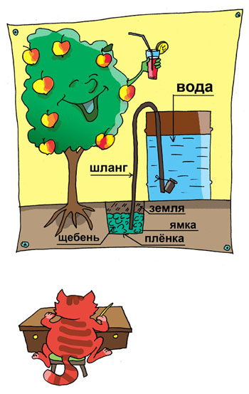 Карикатура о плодовых деревьях. Устройство для автоматического полива деревьев. Кот за столом записывает.