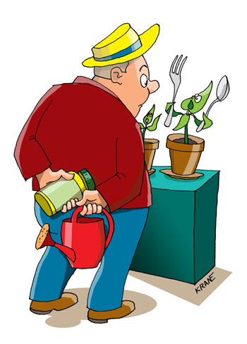 Карикатура о пасынкование рассады помидор. Дачник с лейкой и банкой удобрений. Горшочки с помидорной рассадой. Растения хотят есть и пить.