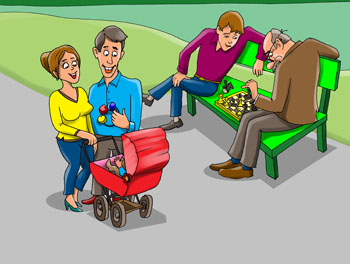 Карикатура о хорошем парке. Хороший парк. Гуляют с коляской он и она, играют в шахматы на скамейке. 