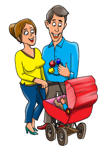 Карикатура о родителях с ребенком. Мама и папа гуляют с коляской в парке.